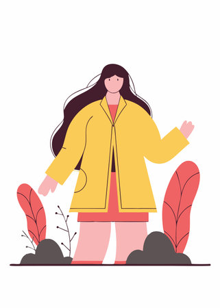 Girl in a yellow raincoat on a white background. Vector illustration.のイラスト素材