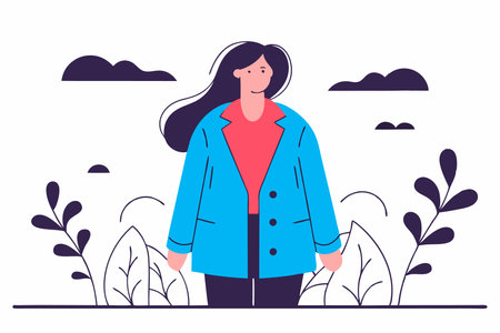 Young woman standing in the park. Vector illustration in flat style.のイラスト素材