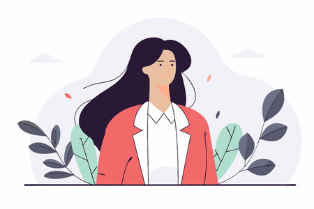 Vector illustration of a young woman in a flat style. A girl in a red jacket stands in a park.のイラスト素材