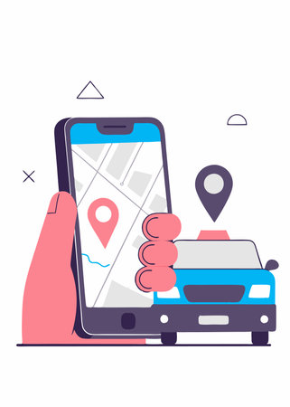 Illustration of online car taxi booking concept on white backgroundのイラスト素材