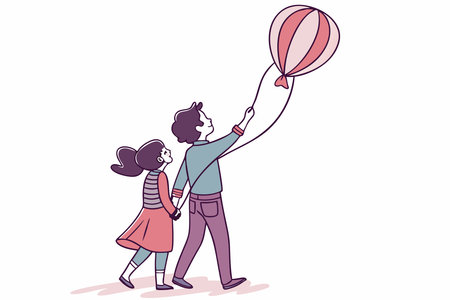 A drawing of a couple holding a balloon with a girl and a girl concept illustration art on white backgroundのイラスト素材