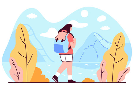 a young woman with a backpack traveling in the mountains viewed from behind in a watercolor style concept illustration art on white backgroundのイラスト素材