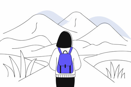 a young woman with a backpack traveling in the mountains viewed from behind in a watercolor style concept illustration art on white backgroundのイラスト素材