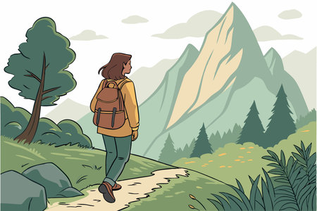 a young woman with a backpack traveling in the mountains viewed from behind in a watercolor style concept illustration art on white backgroundのイラスト素材