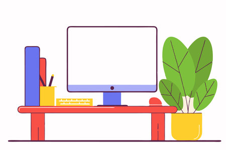 Desk with a computer concept illustration art on white backgroundのイラスト素材
