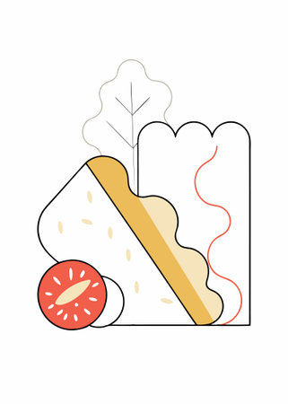 drawing of a sandwich with a picture of a sandwich with lettuce and tomatoes concept illustration art on white backgroundのイラスト素材