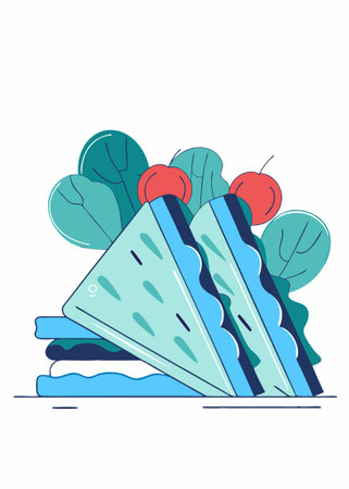 drawing of a sandwich with a picture of a sandwich with lettuce and tomatoes concept illustration art on white backgroundのイラスト素材