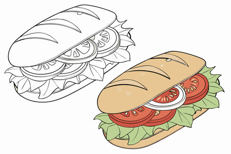 drawing of a sandwich with a picture of a sandwich with lettuce and tomatoes concept illustration art on white backgroundのイラスト素材