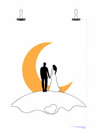 Silhouette of a couple in a moon concept illustration art on white backgroundのイラスト素材