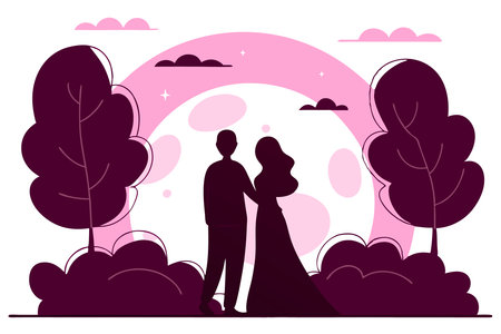 Silhouette of a couple in a moon concept illustration art on white backgroundのイラスト素材