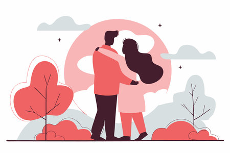 Silhouette of a couple in a moon concept illustration art on white backgroundのイラスト素材