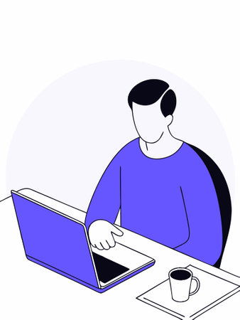 A man sits at a desk with a laptop and a cup of coffee concept illustration vector art on white backgroundのイラスト素材