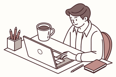 A man sits at a desk with a laptop and a cup of coffee concept illustration vector art on white backgroundのイラスト素材