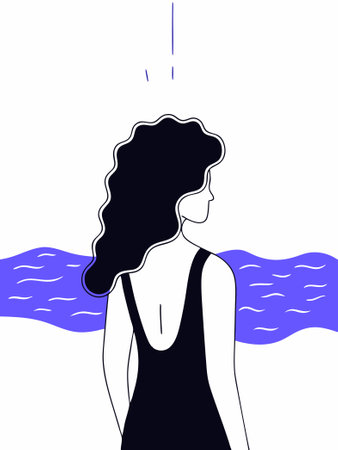 A woman with curly hair stands on a beach with the sun behind her concept illustration vector art on white backgroundのイラスト素材