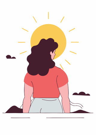 A woman with curly hair stands on a beach with the sun behind her concept illustration vector art on white backgroundのイラスト素材