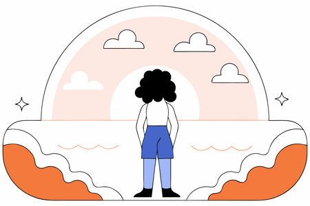 A woman with curly hair stands on a beach with the sun behind her concept illustration vector art on white backgroundのイラスト素材