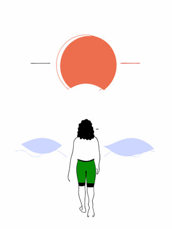 A woman with curly hair stands on a beach with the sun behind her concept illustration vector art on white backgroundのイラスト素材