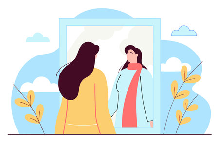 A woman with long hair and a red scarf is standing in front of her concept illustration vector art on white backgroundのイラスト素材