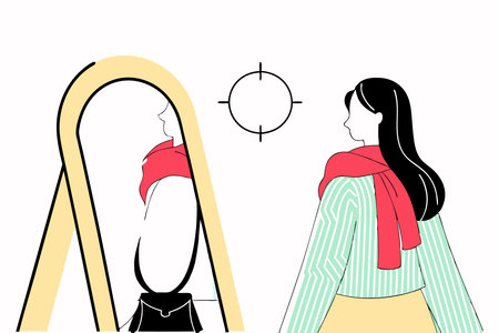 A woman with long hair and a red scarf is standing in front of her concept illustration vector art on white backgroundのイラスト素材