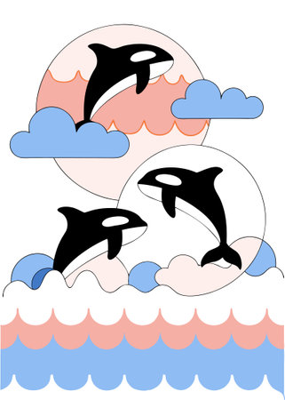 Jumping killer whales concept illustration vector art on white backgroundのイラスト素材