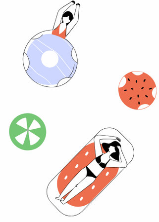 Top view, two young women swimming, relax in the pool, summertime, holidays concept illustration vector art on white backgroundのイラスト素材