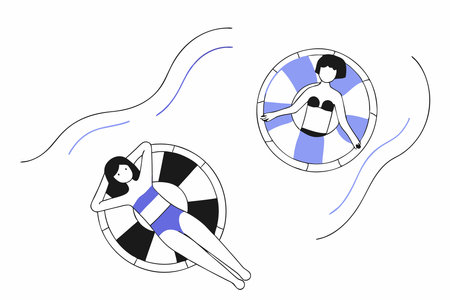 Top view, two young women swimming, relax in the pool, summertime, holidays concept illustration vector art on white backgroundのイラスト素材