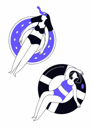 Top view, two young women swimming, relax in the pool, summertime, holidays concept illustration vector art on white backgroundのイラスト素材