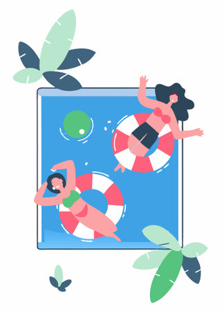 Top view, two young women swimming, relax in the pool, summertime, holidays concept illustration...