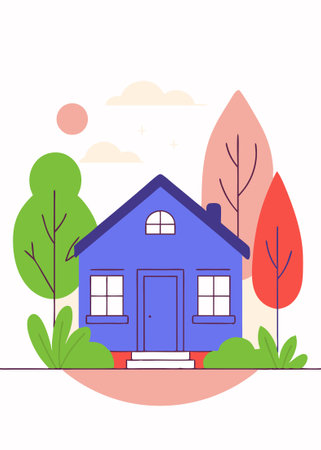 A drawing of a blue house with a blue front concept illustration vector art on white backgroundのイラスト素材