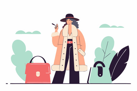 A smoking lady stands dressed in a hat and fur coat concept illustration vector art on white backgroundのイラスト素材