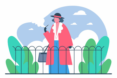 A smoking lady stands dressed in a hat and fur coat concept illustration vector art on white backgroundのイラスト素材