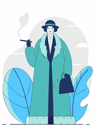 A smoking lady stands dressed in a hat and fur coat concept illustration vector art on white backgroundのイラスト素材