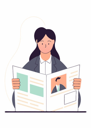 Businesswoman reading newspaper concept illustration vector art on white backgroundのイラスト素材
