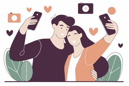 A couple of lovers taking selfies concept illustration vector art on white backgroundのイラスト素材