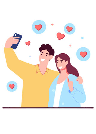 A couple of lovers taking selfies concept illustration vector art on white backgroundのイラスト素材