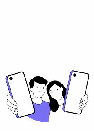A couple of lovers taking selfies concept illustration vector art on white backgroundのイラスト素材