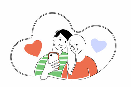 A couple of lovers taking selfies concept illustration vector art on white backgroundのイラスト素材