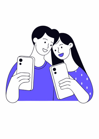 A couple of lovers taking selfies concept illustration vector art on white backgroundのイラスト素材