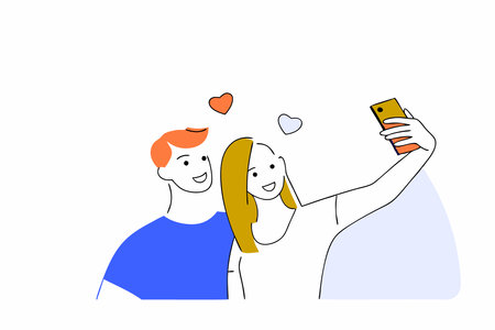 A couple of lovers taking selfies concept illustration vector art on white backgroundのイラスト素材