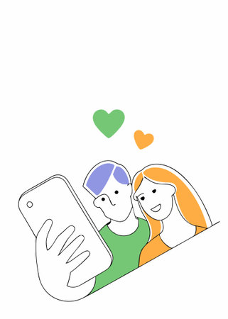 A couple of lovers taking selfies concept illustration vector art on white backgroundのイラスト素材