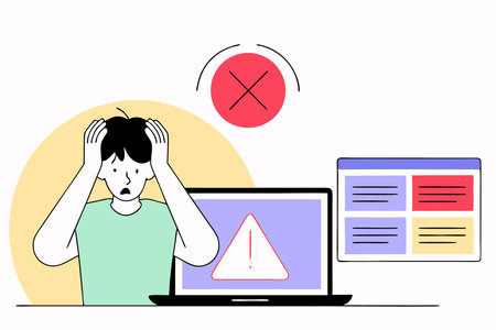 A man is frustrated in front of a laptop concept illustration vector art on white background