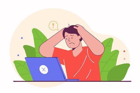 A man is frustrated in front of a laptop concept illustration vector art on white backgroundのイラスト素材