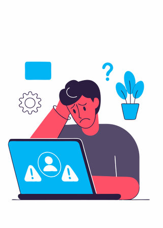 A man is frustrated in front of a laptop concept illustration vector art on white backgroundのイラスト素材