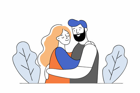 Blonde woman and bearded man hugging concept illustration vector art on white backgroundのイラスト素材