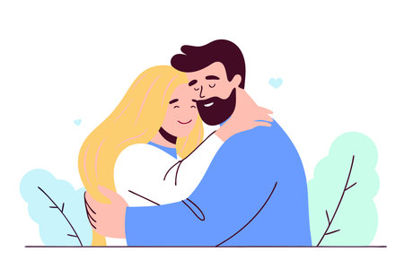 Blonde woman and bearded man hugging concept illustration vector art on white backgroundのイラスト素材
