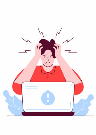 A man is frustrated in front of a laptop concept illustration vector art on white backgroundのイラスト素材