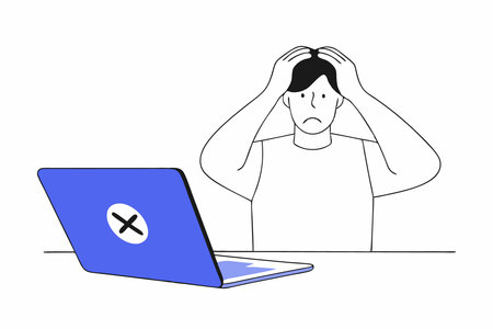 A man is frustrated in front of a laptop concept illustration vector art on white background