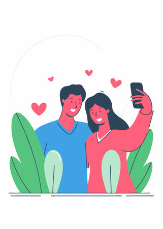 A couple of lovers taking selfies concept illustration vector art on white backgroundのイラスト素材