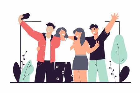 Group of young people posing for a photo concept illustration vector art on white backgroundのイラスト素材