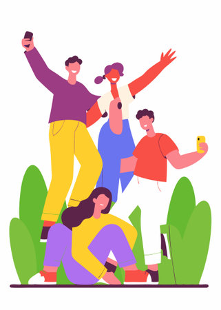 Group of young people posing for a photo concept illustration vector art on white backgroundのイラスト素材